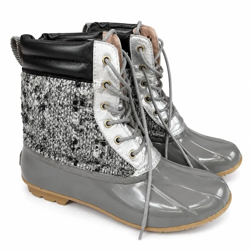 Sam Edelman Rain Boots Women's 8 Gray Silver Duck Boots Lace Up Tweed Waterproof